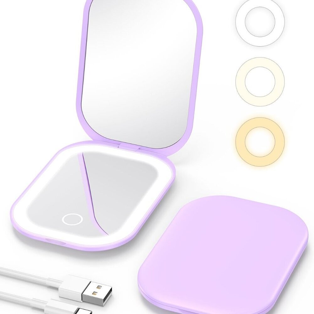 Lighted Compact Mirror with Light and Magnification 1X/3X, Stepless Dimming and
